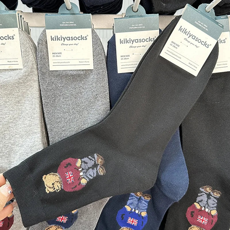 Polo Socks Men Gentleman Cotton Socks Bear Cartoon Bussiness Harajuku Skateboard Novelty Breathable Sox Designer Socks Size46-39