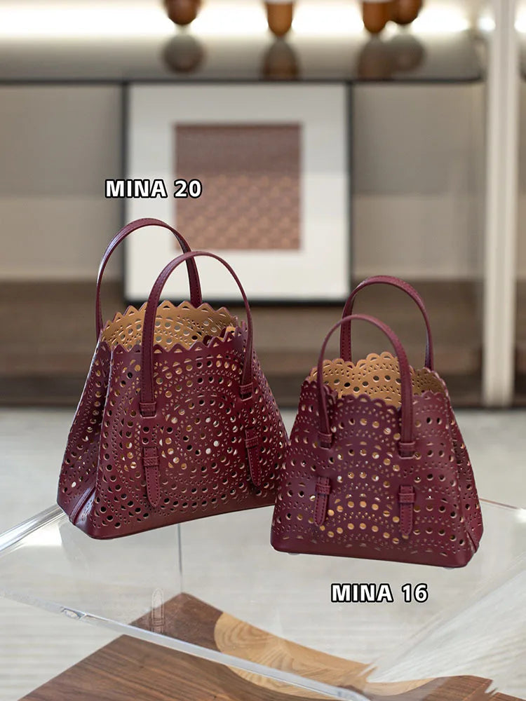 New Tote Bag French Cowhide Handmade Bag Niche Laser Engraved Hollow Leather Vegetable Basket Bag Casual Versatile Temperament