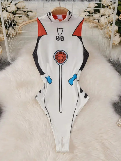 White Cute Sweet Cartoon Printed Jumpsuit Half High Collar Sleeveless Skinny Lingerie Bodycon Bodysuit Rompers Catsuits Clothes