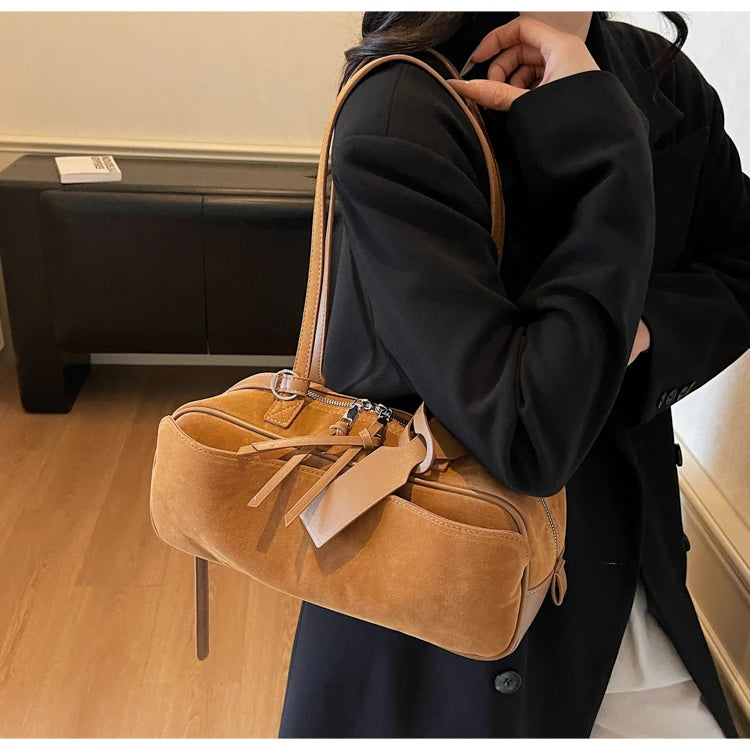 Retro Red Suede Wedding Shoulder Bag Luxury Designer Women Versatile Underarm Bags Elegant Female Large Capacity Handbags