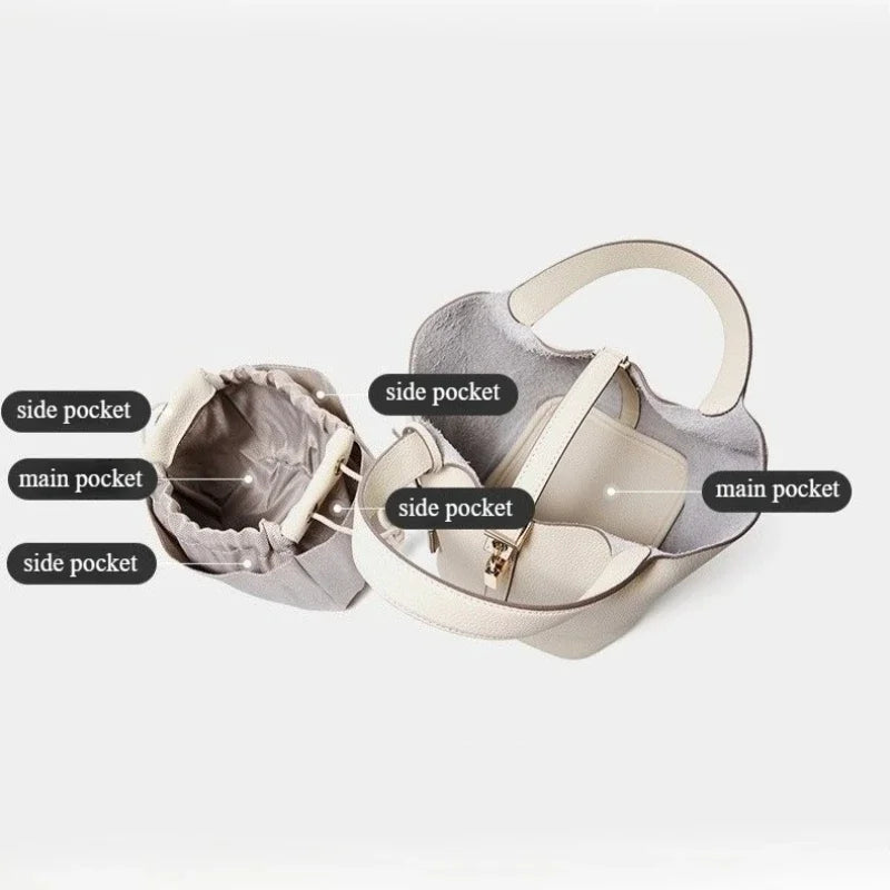 Genuine Leather Shoulder Bucket Bag Women Litchi Pattern Mini Basket Tote Soft Handbag Mommy Bride Wedding Bags with Lock
