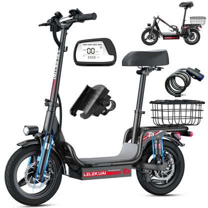 Adult Electric Bike, 500W48V15AH, 30MPH 14 inch Electric Bike, 500lbs Load-bearing with Multiple Shock Absorbers, with Basket