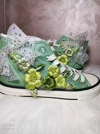 High-top Canvas Shoes for Women Green Bow Embroidery Flower Candy Color Canvas Handmade Fashion Casual Shoe Big Size 43 44