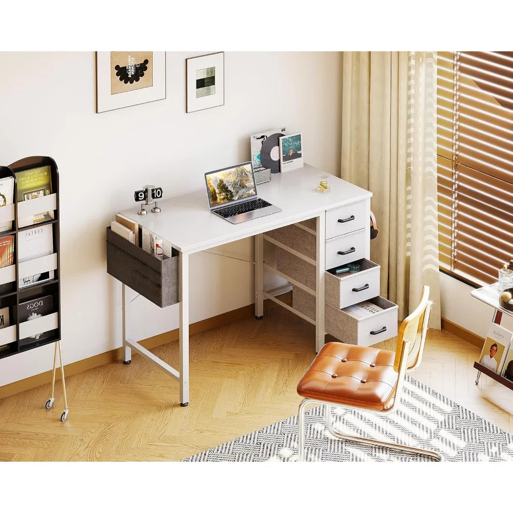 32-inch mini computer desk with 4 fabric drawers, storage space, side hooks and a cloth bag; children's desk, white.