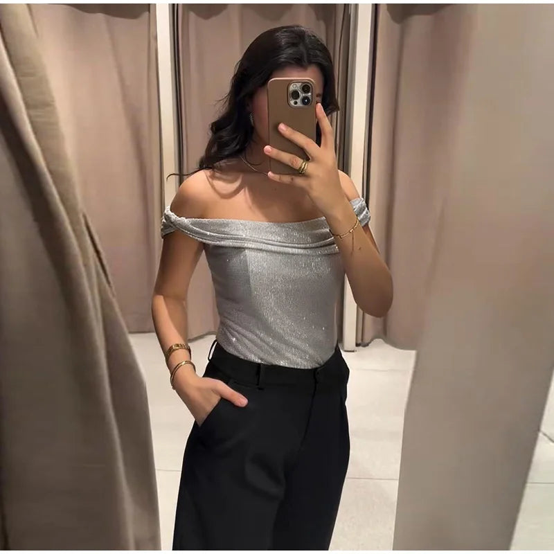 Chic Sequin V-neck Dress Women Sexy Sleeveless Pleated Waist-cinched Empire Dresses Elegant Party Spring New Lady Gown 2026