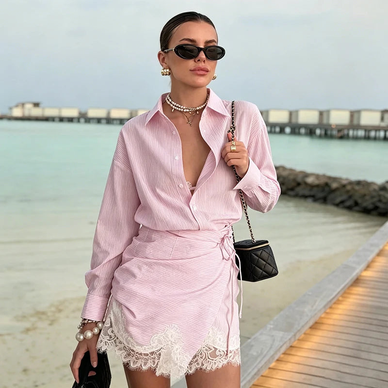 Striped Mini Dress Women Lapel Single Breasted Long Sleeves Lace Patchwork Waistband Robe Female 2026 Summer Beach Vacation Sets