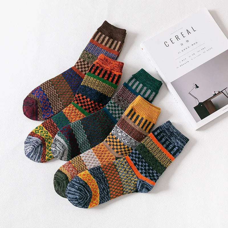 5 Pairs Winter Men's Socks Thicken Wool Socks Warm Men Retro Style Colorful Fashion Man Socks For Snow Boots EU Size 38-44