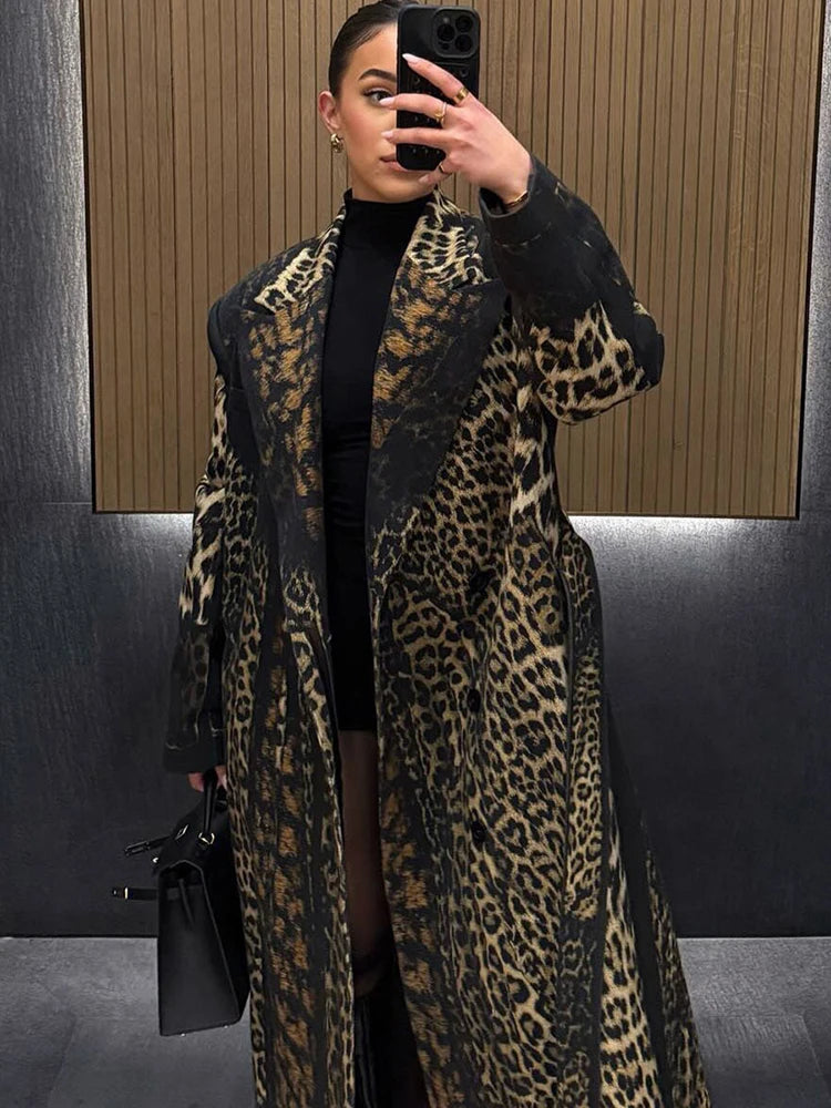 Kliou Leopard Print Trench Coat Woman Autumn Trend High Waist Bandage Cardigan Lapel Full Sleeve Street Fashion Style Clothing