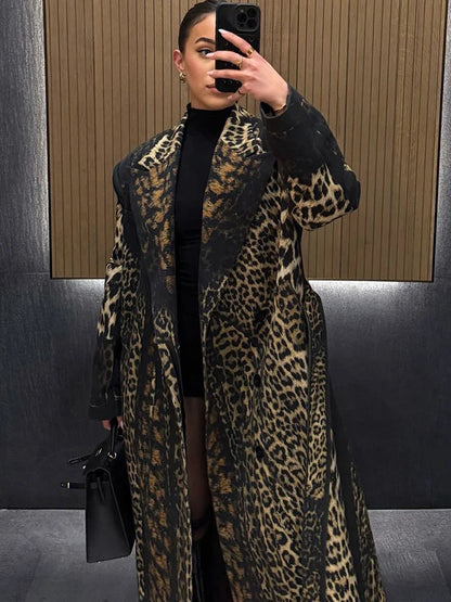 Kliou Leopard Print Trench Coat Woman Autumn Trend High Waist Bandage Cardigan Lapel Full Sleeve Street Fashion Style Clothing