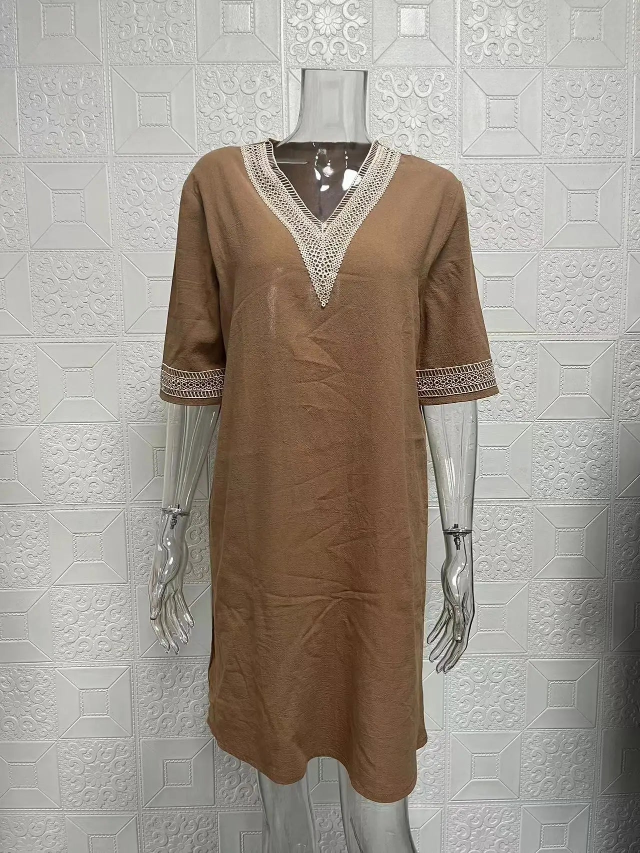 New solid color V-neck mid-sleeved elegant dress