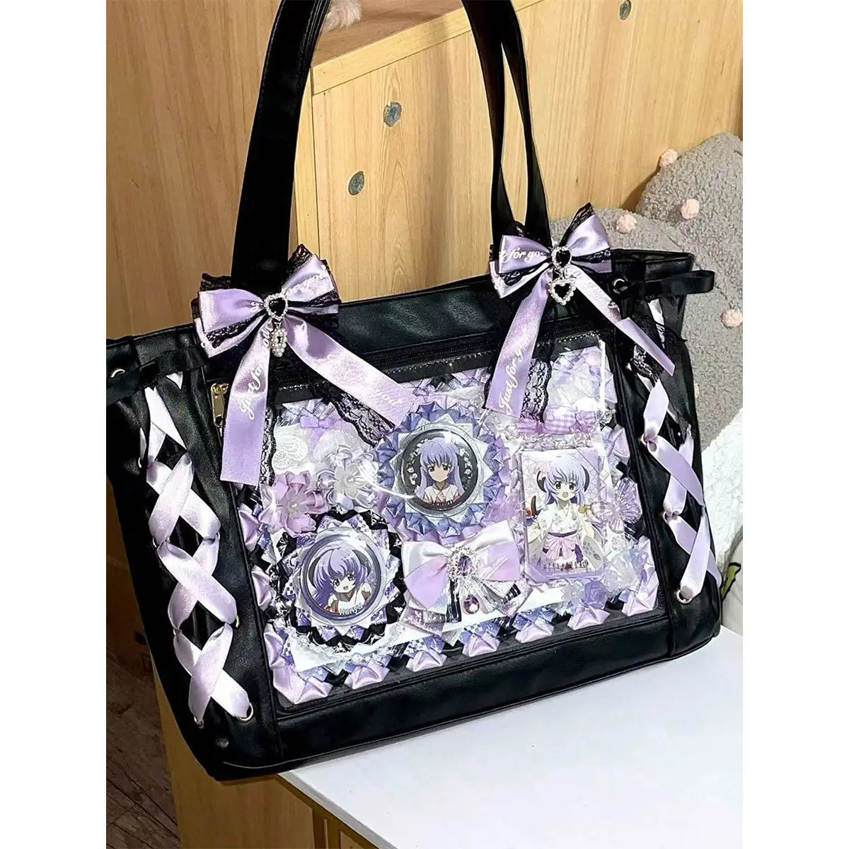 New Ribbon Cute Handbag for Women Large Capacity Transparent DIY Badge One-shoulder Tote Bag Japanese Sweet Girl Ulzzang Ita Bag