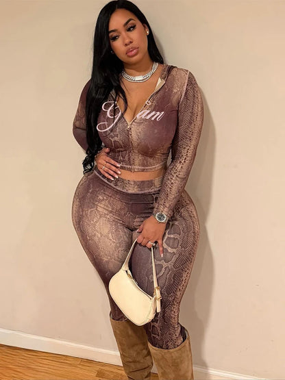Weird Puss Letter Snake Print Tracksuit 2-Piece Set Women Patchwork Zip Jacket+Pants Matching Casual Stretch Streetwear Outfits