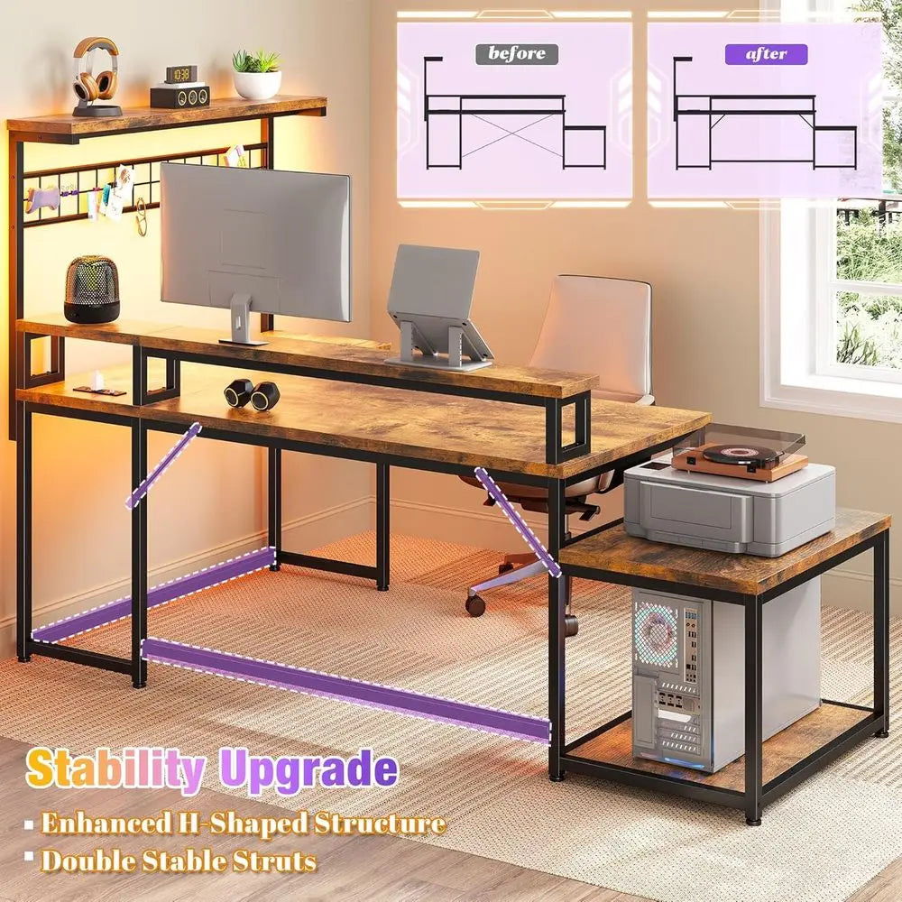Rustic Brown L-Shaped Gaming Desk with LED & Power Outlets, Reversible Corner Desk with Storage and Hooks,Home Office Customized