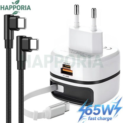 HAPPORIA 65W USB C Fast Charger Retractable Cable 3 Port Travel Adapter Foldable Plug PD Charger for iPhone 15 16 17 Samsung