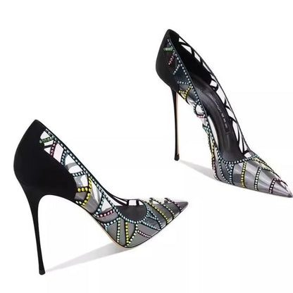 Black Design Sense Niche Transparent Multicolored Rhinestone 2026 New Pointed Toe Stiletto High-heeled Shoes for Women