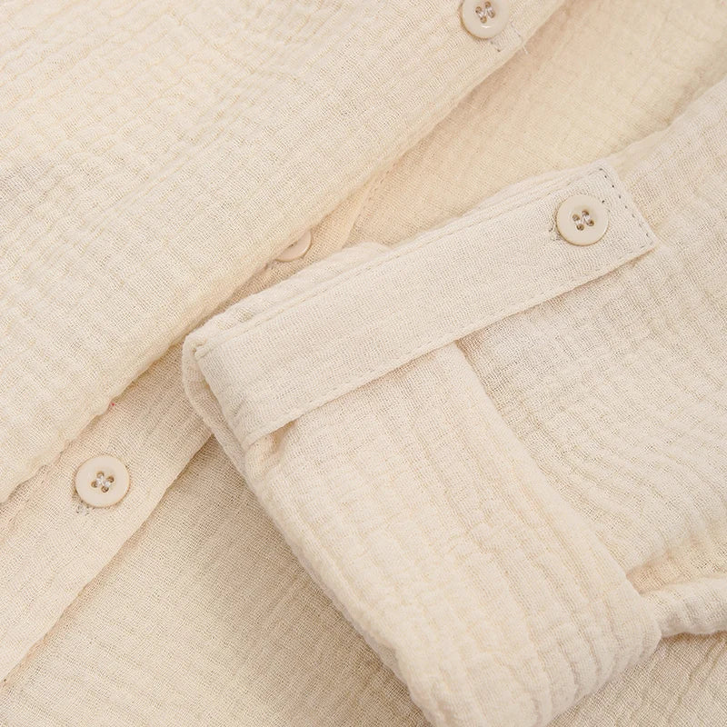 100% Cotton Gauze Muslin Sets For Women 2 Pieces Long Sleeve Shirts And Loose High Waist Mini Shorts Sets Ensemble Femme