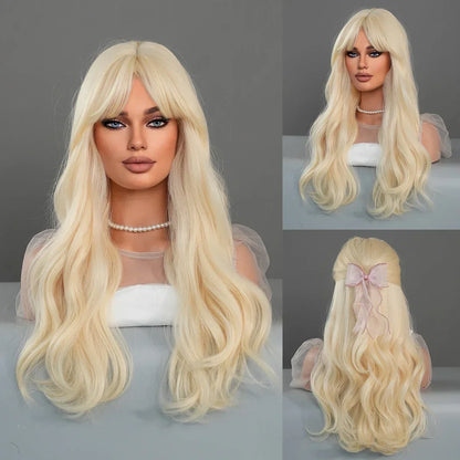 PARK YUN Extra Long Blonde Cosplay Wigs With Bangs Loose Long Curly Blonde Lolita Wig Synthetic Heat Resistant  Wig 44 Inch