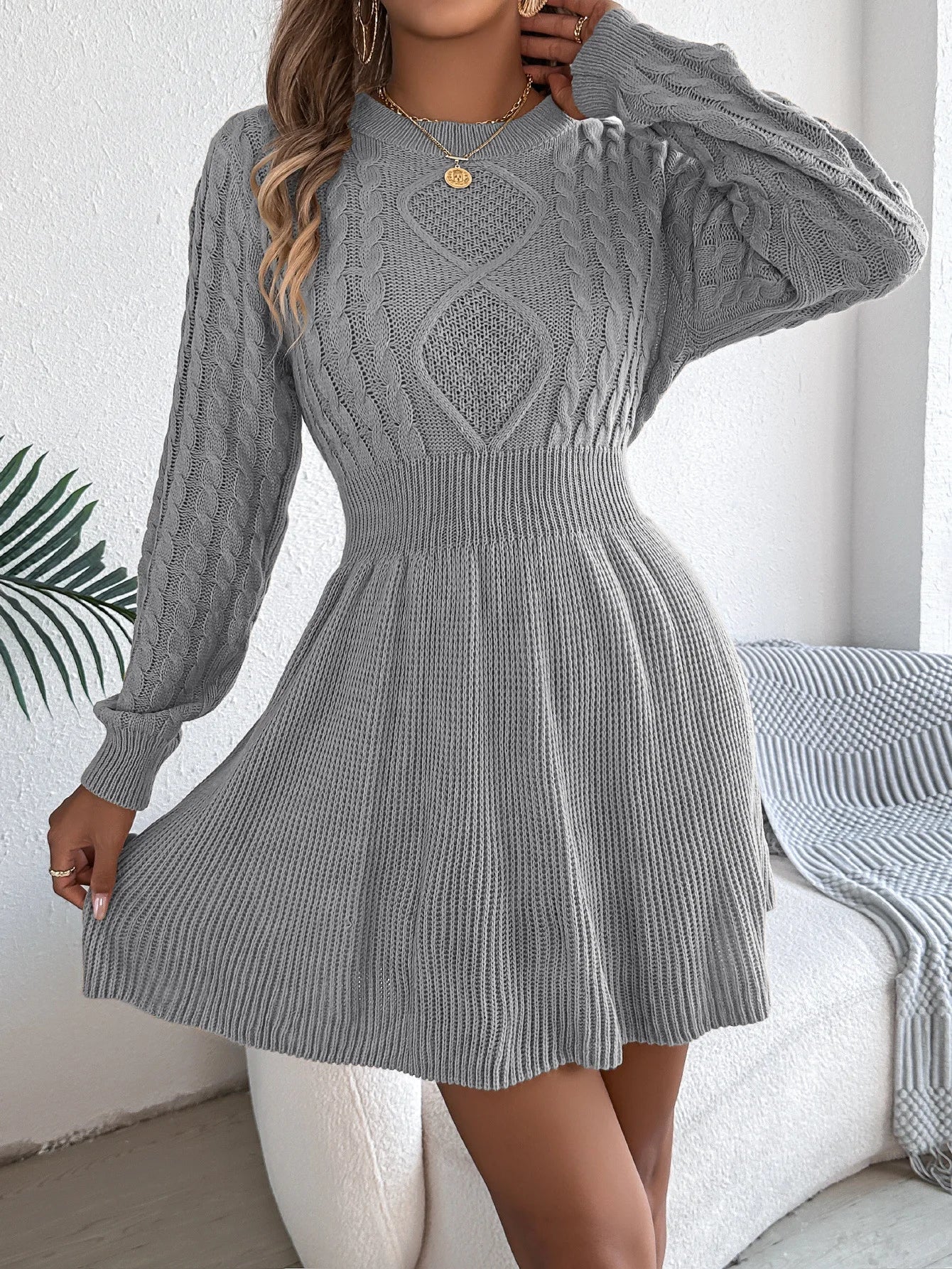 Autumn And Winter 2025 Europe And America Solid Color Fried Dough Twists Waist Lantern Long Sleeve Wool Dress A-line Dress Dress