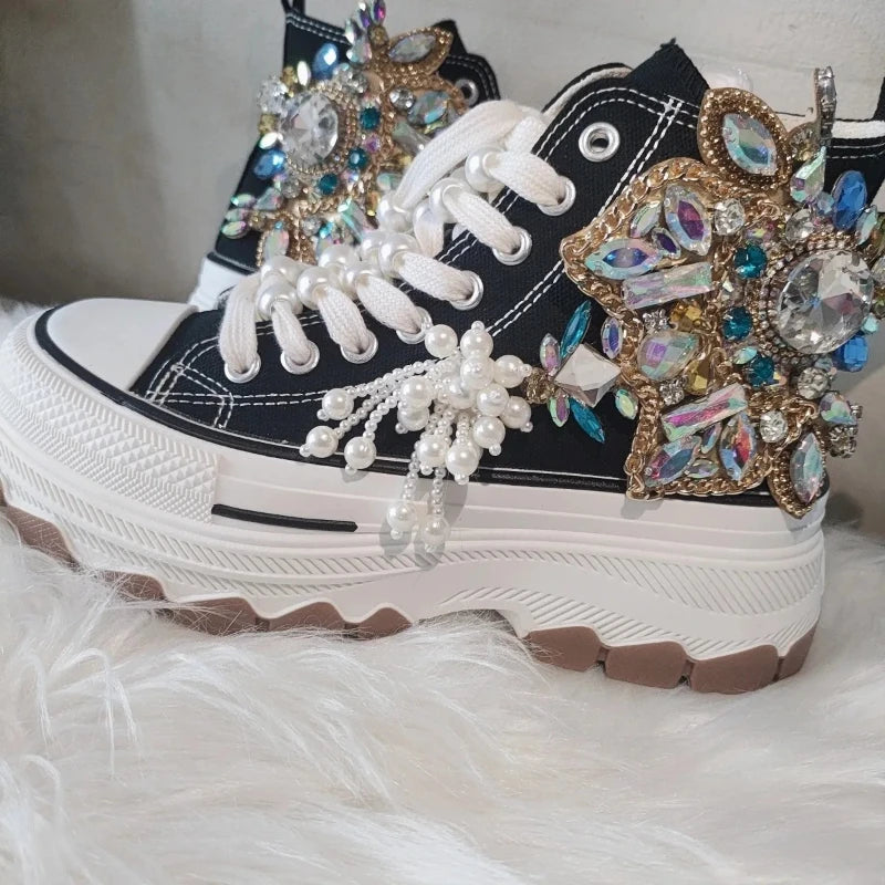 Thick-bottomed Canvas for Women Crystal Fringed High-top Platform Shoes Handmande Fashion 5cm High Heel  ADULT  Luxury Shoes