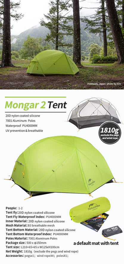Naturehike Mongar Tent Camping Tent 2 Person Ultralight Professional Waterproof & Windproof Backpack Tent 20D Nylon Travel Tent