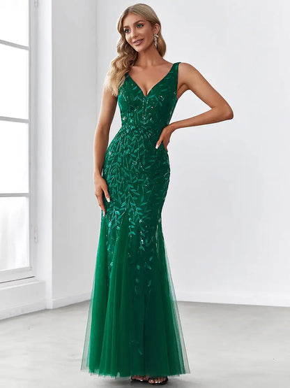 BAZIIINGAAA Party Dress Sexy Double V-Neck Sequin Mermaid Maxi Dresses For Evening Evening Dress