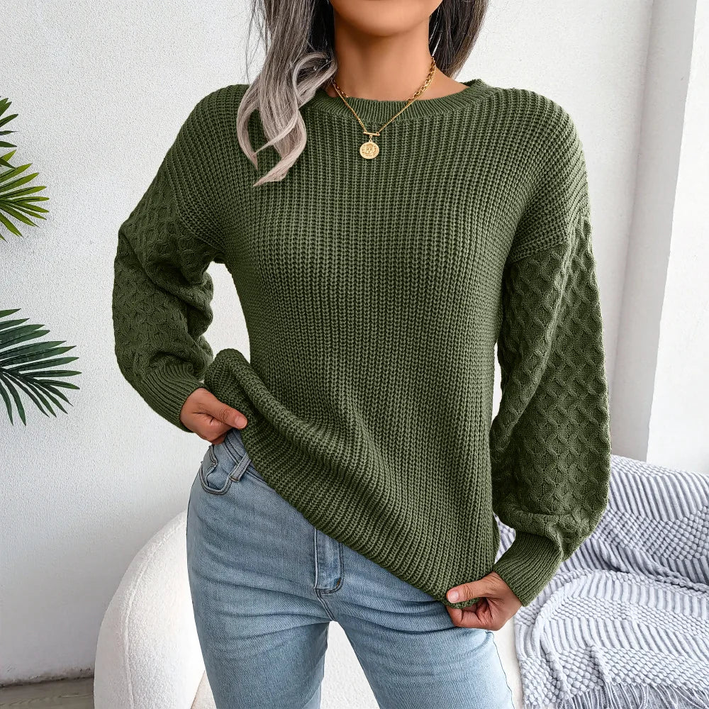 2024 Autumn Winter Casual Lantern Long Sleeved Knitted Sweater Fashion Army Green Round Neck Sweater Elegant Knitted Pullover