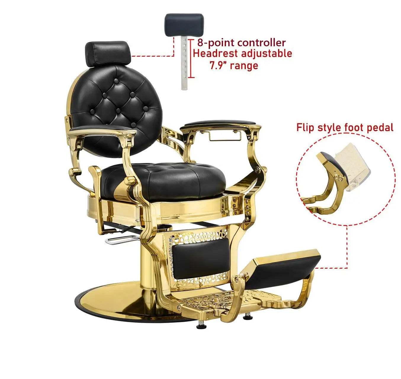 Reclining Barber Chair Heavy Duty Salon Chair Wide Seat Gold & Black for Barber Station with Footrest, Customized