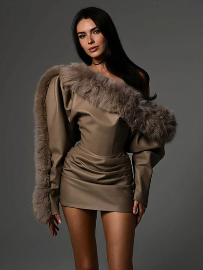 Kliou Faux Leather Mini Dresses Woman Furry Patchwork Skew Collar Full Sleeve Backless High Waist Street Fashion Classic Bodycon
