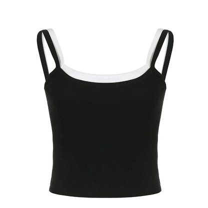 Contrast Fake Two-piece Crop Top Casual Patchwork Sleeveless Fashion Camis Vintage y2k Women Summer Tees Ladies Mini Vest
