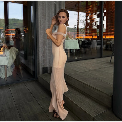 Sheer Mesh Overlay Lace Hem Slip Midi Dress Slim Spaghetti Strap 2026 Summer Elegant Women Bodycon Dress Trendy Date Lady Gown