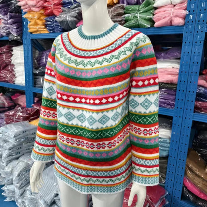 2025 Spring Knitted Women Sweater Print O-neck Long Sleeve Casual Loose Sweaters Female Winter Elegant Trendy Ladies Clothes