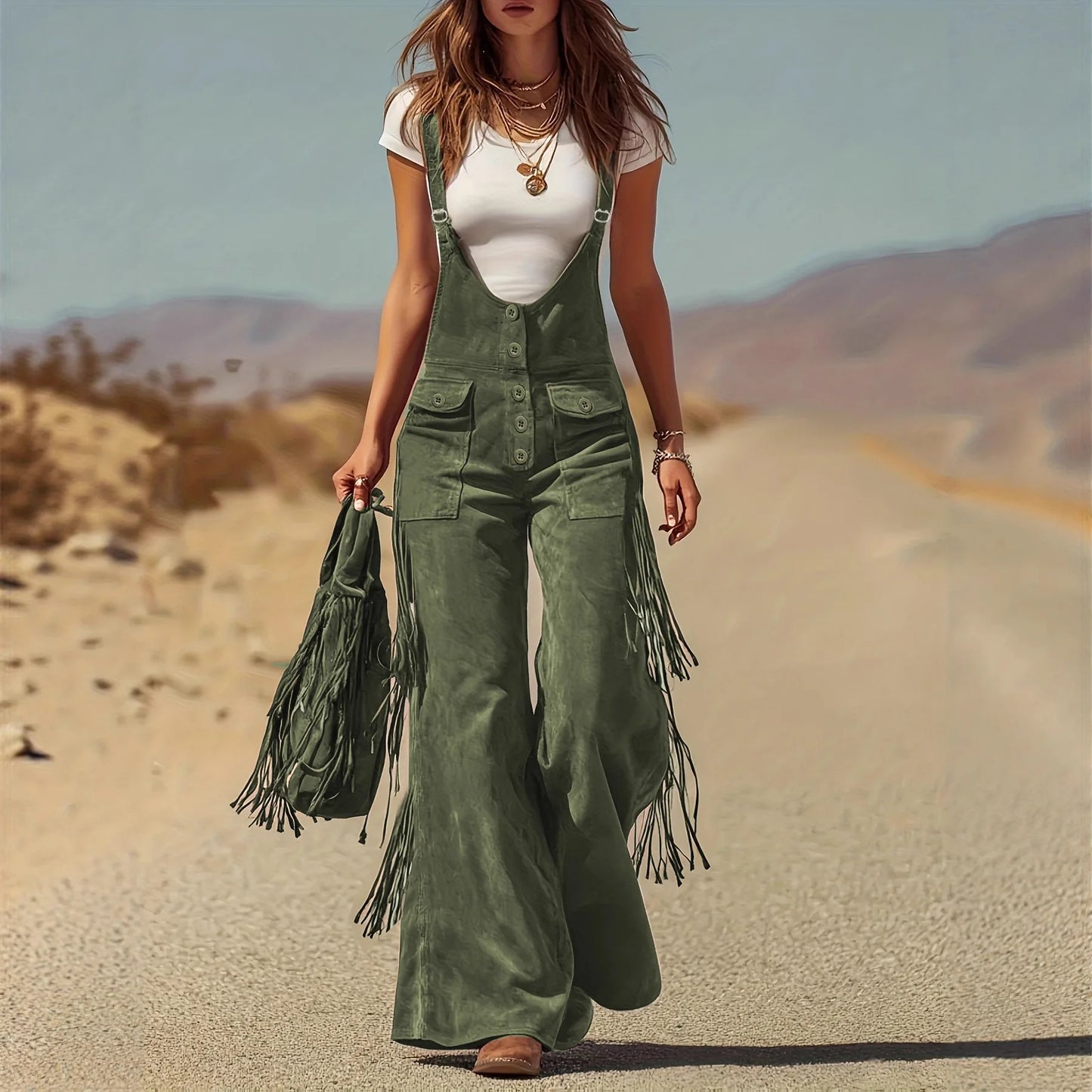 European American Women Jumpsuit Retro Western Suede Fringed Wide-leg Overalls Trousers with Adjustable Straps Cargo Pants