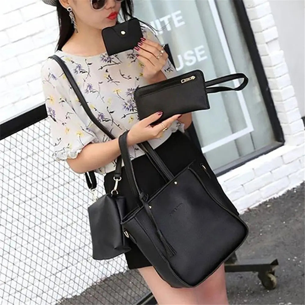 4Pcs/Set New High Capacity Crossbody Bag Leather Handbag Shoulder Bag Wallet Purses Portable Women Girls Fashion Casual Bag
