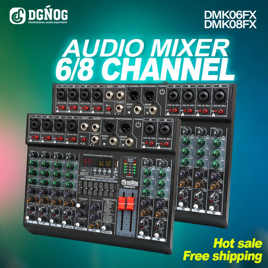 Professional 8 Channel Audio Mixer DGNOG DMK08FX DJ Sound Mixing Console with 48V Phantom Power Bluetooth USB for Karaoke Studio