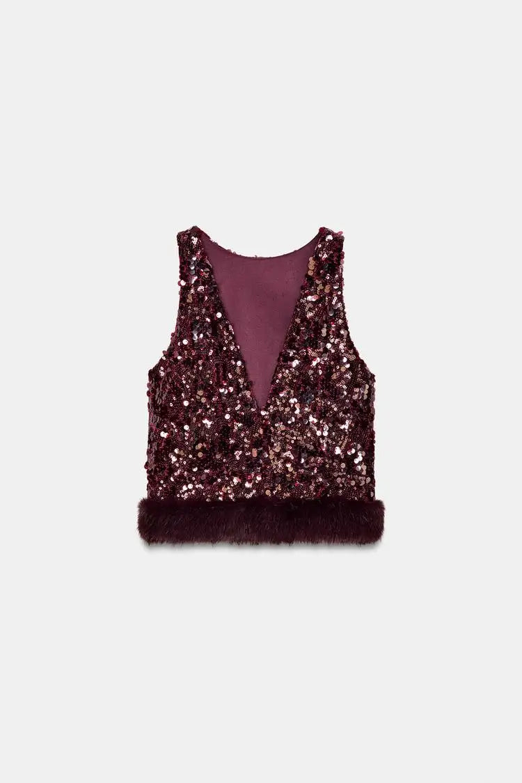 Chic Sequin Sleeveless Top Pants Set Women Faux Fur Patchwork Tops High Waist Straight Trousers Sets Lady Party Street Outfits