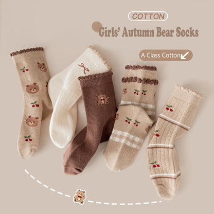 Auutumn Winter Girls Socks Retro Maillard Color Ruffle Socks Children's Calf Socks Cotton Socks  5 Pairs