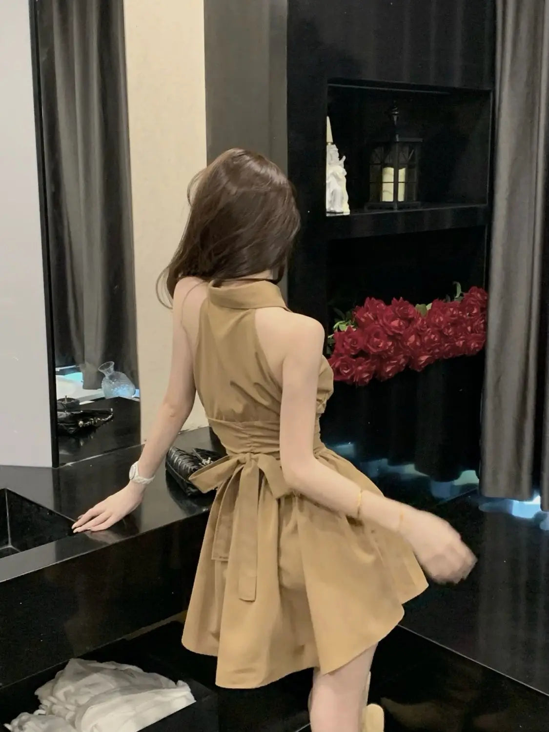 Sleeveless Dresses Women Bow Lace-up Turn-down Collar Mini High Street A-line Hotsweet Partywear Korean Fashion Vestidos Ins