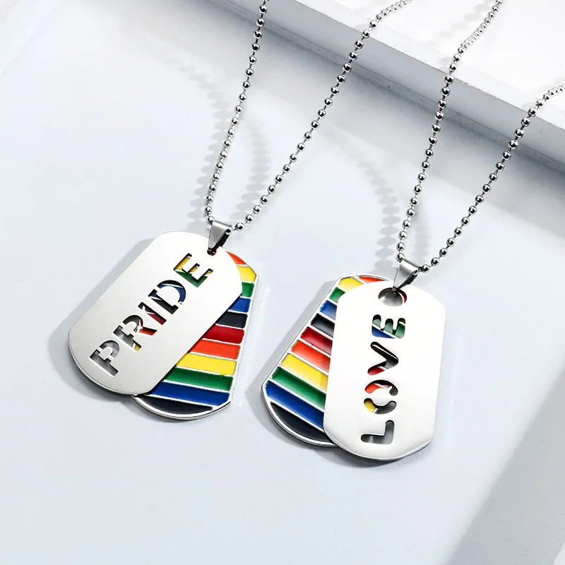 Stainless Steel LGBT Gay Lesbian Love Pride Necklaces Enamel Rainbow Flag Double Pendant Necklace