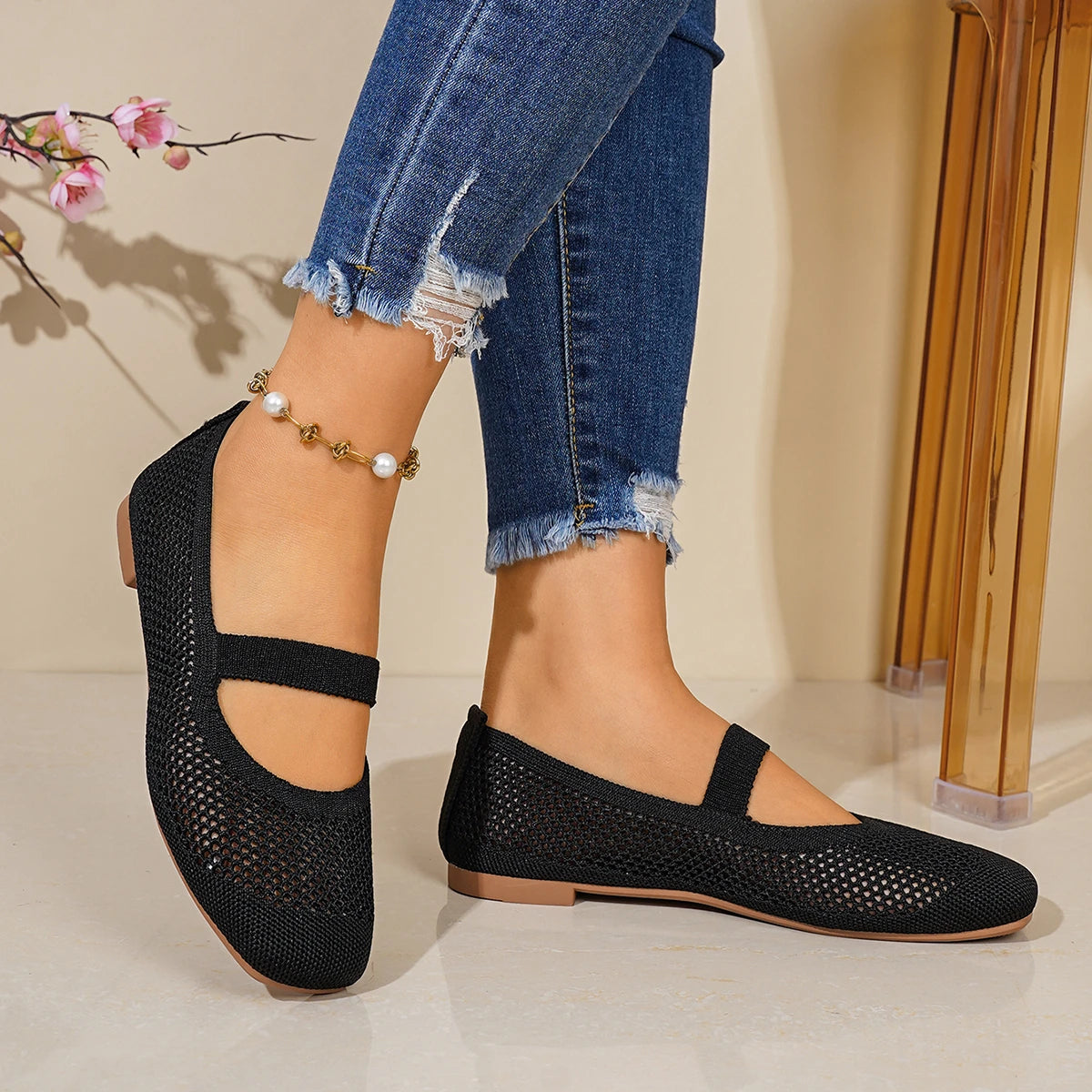 Women Flats Shoes Slip on Foldable Loafers for Women Square Toe Single Shoes Hollow Out Fashion Mom Casual Shoes for Ladies