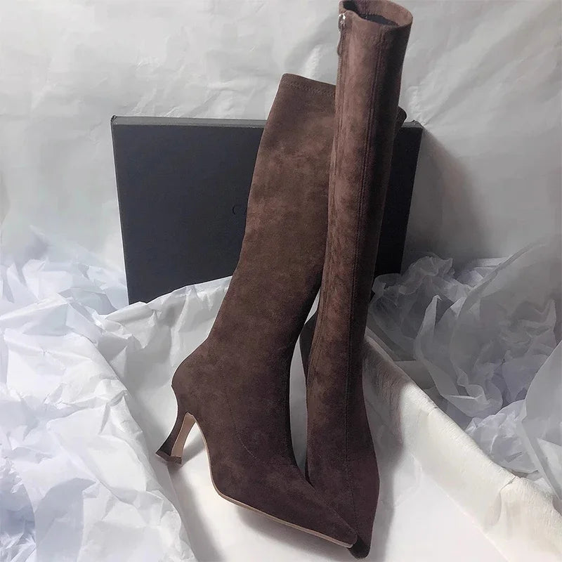 High Heels Women High Boots Suede Pointed Toe Elegant Knee High Shoes Woman Trend Fashion Sexy Pumps Party Chelsea Boots Mujer