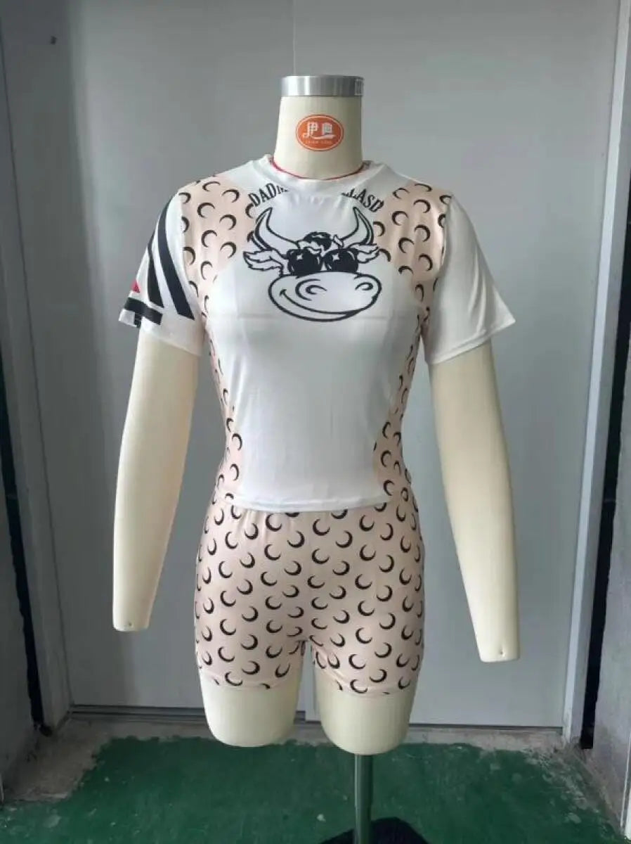Summer Shorts Set Women Printed Short Sleeve Top Split Elastic Sunscreen Color Blocked New Fashion Versatile Outfit