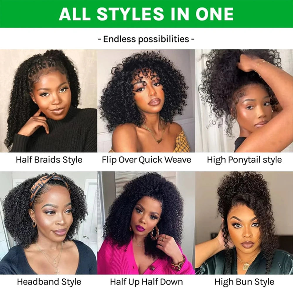 Water Wave Glueless Wigs Wear And Go 3 IN 1 Half Wigs Human Hair 200% Density Machine Made Clip-in Wigs With Drawstring Seamless