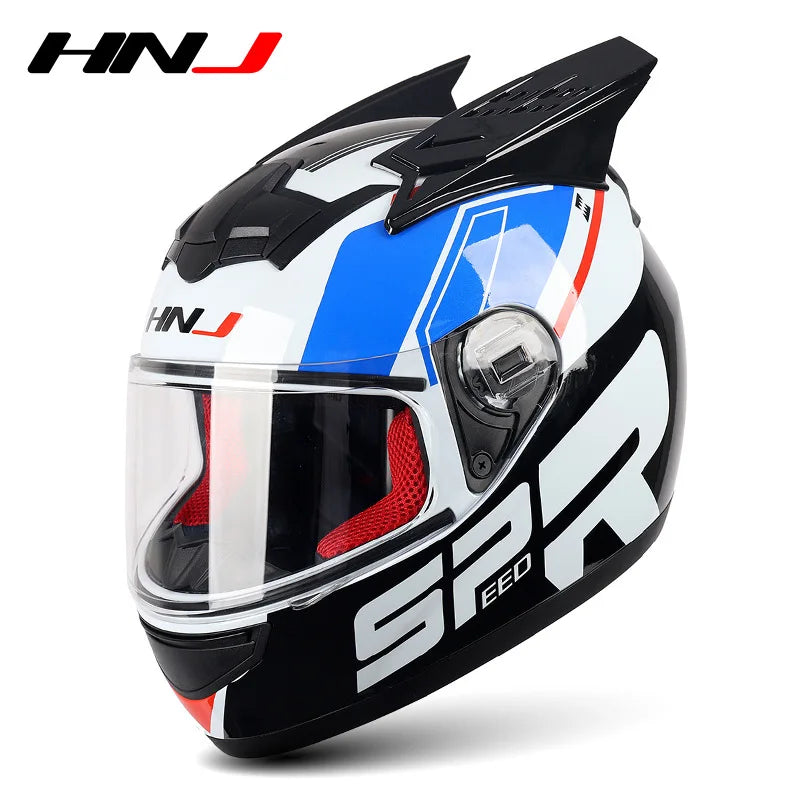 HNJ Men Motorcycle Helmet Women Full Face Helmet Riding Personality Horn Pink Helmet DOT Certification casco moto