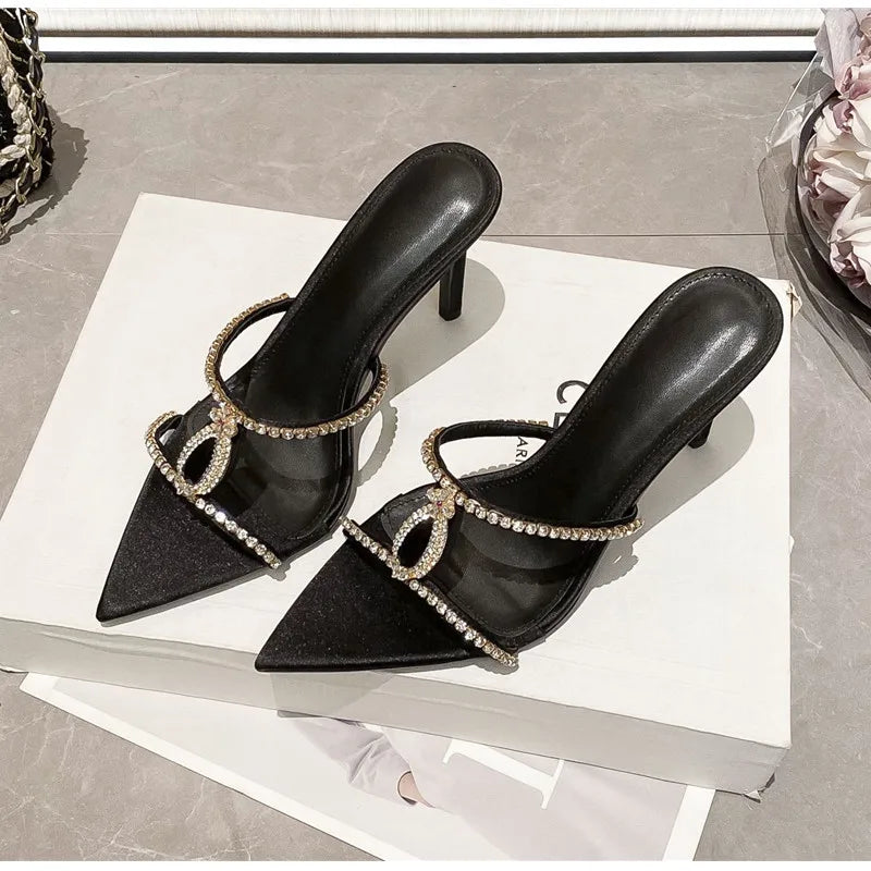 Luxury Rhinestones Gem Narrow band Women Slipper Sandals Elegant Pointed toe Thin High heels Mules Slides Fashion Party Shoes