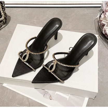 Luxury Rhinestones Gem Narrow band Women Slipper Sandals Elegant Pointed toe Thin High heels Mules Slides Fashion Party Shoes