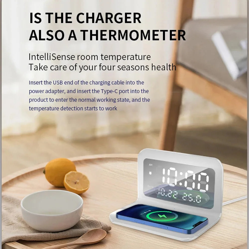 Wireless Charger Pad Stand with Alarm Clock Thermometer for iPhone 17- 11 X Xiaomi Samsung 15W Phone Fast Charging Station