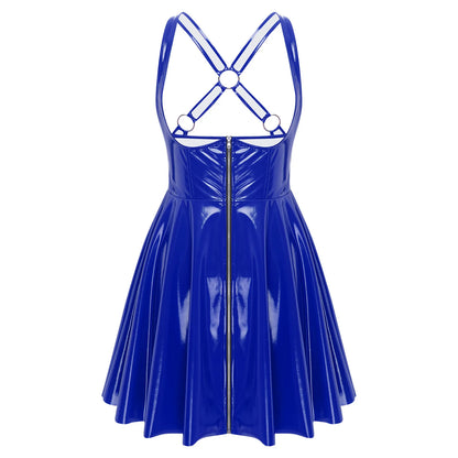Gothic Punk Women Wet Look Latex Leather Dress Sleeveless Front Cut Out Cups Bodycons Dress Sexy Raves Party Nightclub Clubwear