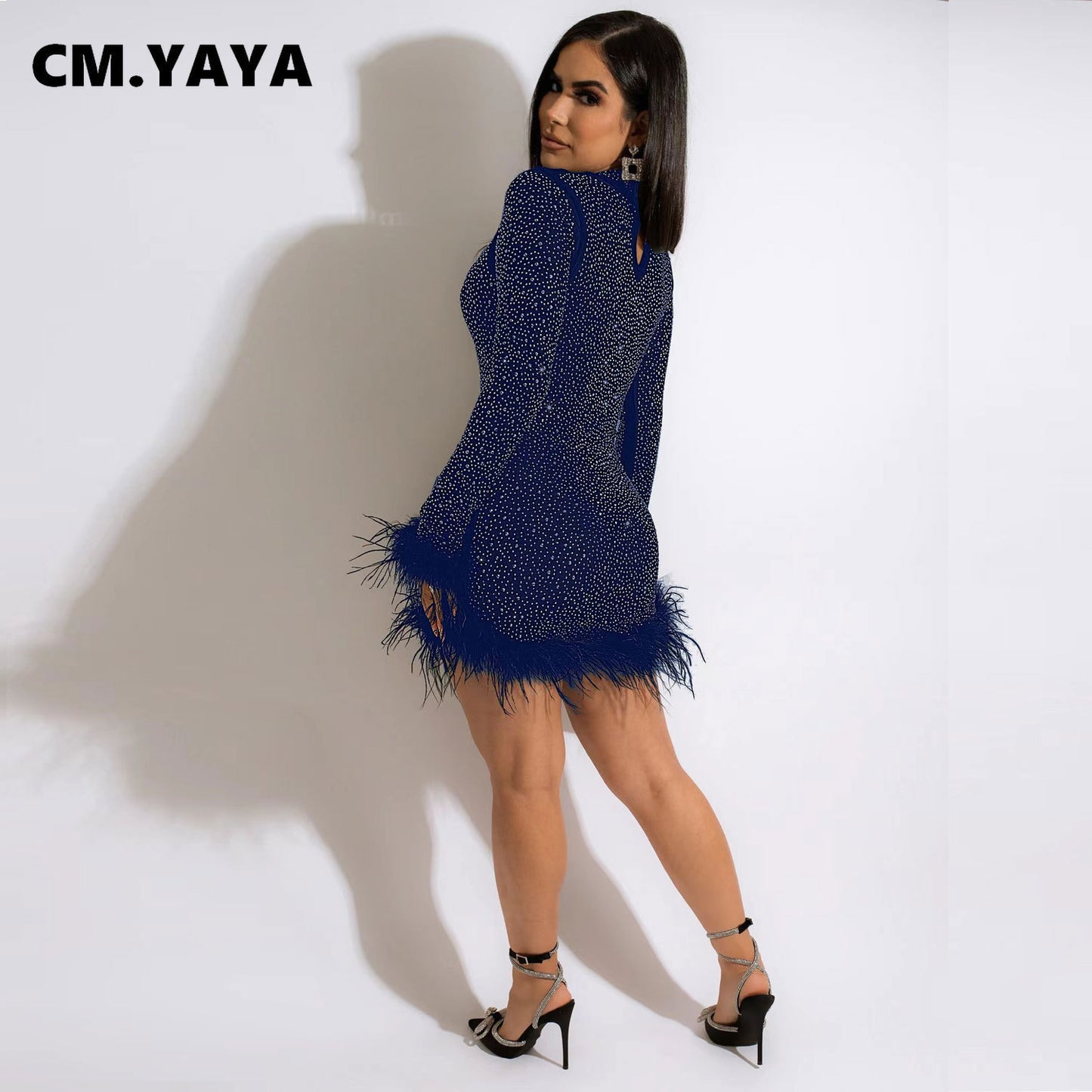 CM.YAYA Elegant Hot Rhinestones Diamonds Crystal Women Fur Hem Long Sleeve Bodycon Midi Dress Chic Party Club Even Prom Dresses