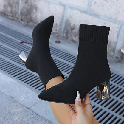 Women Fashion Ankle Boots Autumn Pointy Solid Color Stretch Knitted Sock Boots Women Chunky Slip on Plus-size Shoes for Women