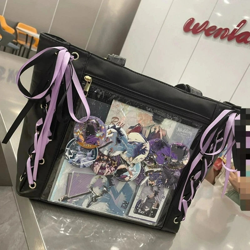 New Ribbon Cute Handbag for Women Large Capacity Transparent DIY Badge One-shoulder Tote Bag Japanese Sweet Girl Ulzzang Ita Bag